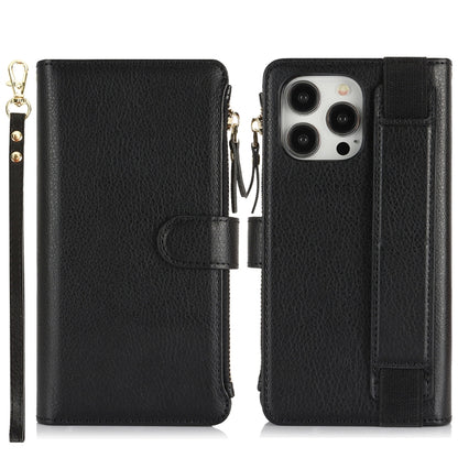 For iPhone 13 Pro Wristband Holder Zipper Purse RFID Leather Phone Case(Black) - iPhone 13 Pro Cases by buy2fix | Online Shopping UK | buy2fix