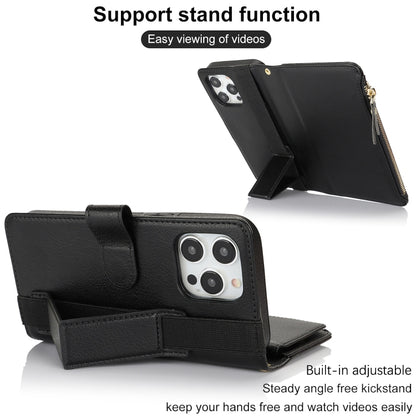 For iPhone 13 Pro Wristband Holder Zipper Purse RFID Leather Phone Case(Black) - iPhone 13 Pro Cases by buy2fix | Online Shopping UK | buy2fix