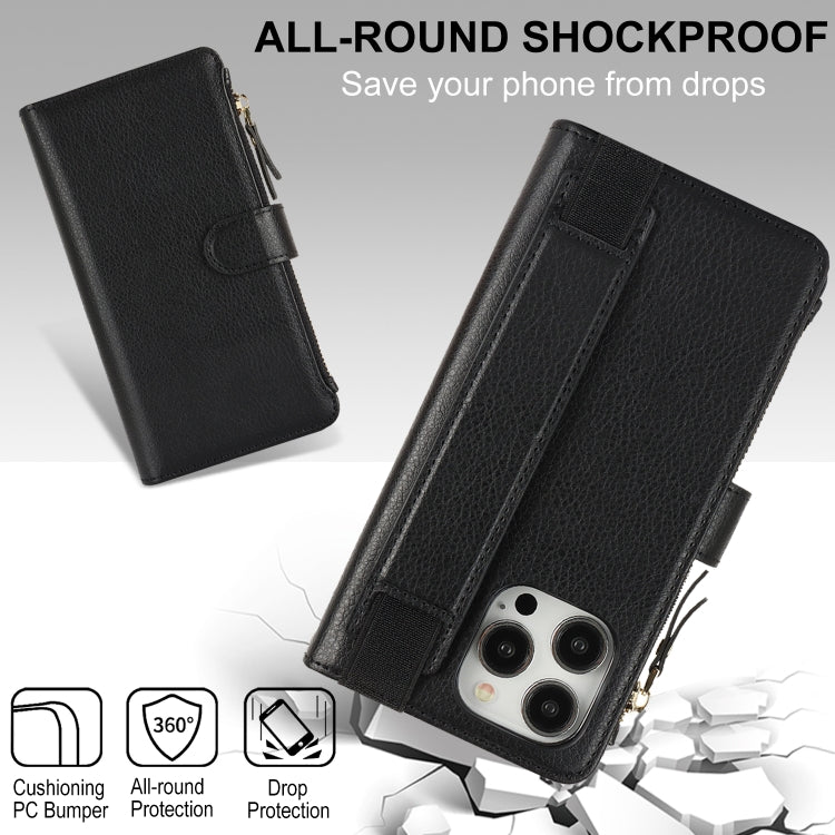 For iPhone 13 Pro Wristband Holder Zipper Purse RFID Leather Phone Case(Black) - iPhone 13 Pro Cases by buy2fix | Online Shopping UK | buy2fix