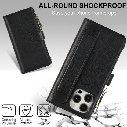 For iPhone 13 Pro Wristband Holder Zipper Purse RFID Leather Phone Case(Black) - iPhone 13 Pro Cases by buy2fix | Online Shopping UK | buy2fix