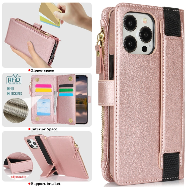 For iPhone 13 Pro Wristband Holder Zipper Purse RFID Leather Phone Case(Rose Gold) - iPhone 13 Pro Cases by buy2fix | Online Shopping UK | buy2fix