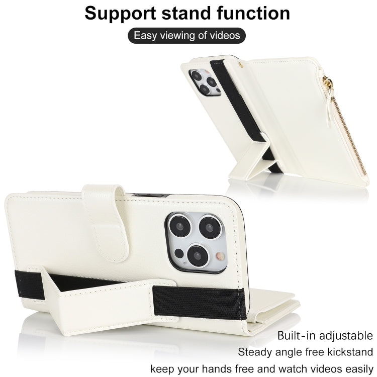 For iPhone 13 Pro Wristband Holder Zipper Purse RFID Leather Phone Case(White) - iPhone 13 Pro Cases by buy2fix | Online Shopping UK | buy2fix