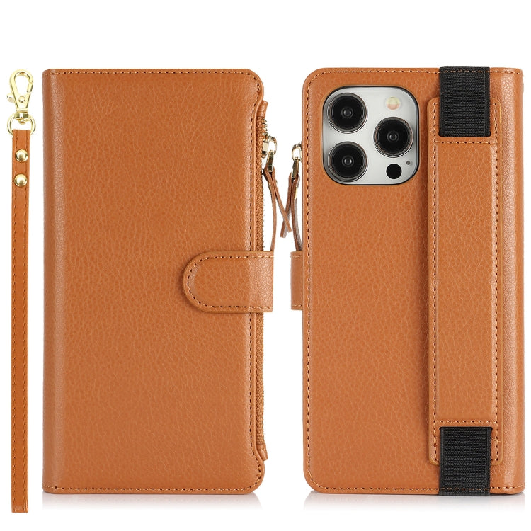 For iPhone 13 Pro Max Wristband Holder Zipper Purse RFID Leather Phone Case(Brown) - iPhone 13 Pro Max Cases by buy2fix | Online Shopping UK | buy2fix