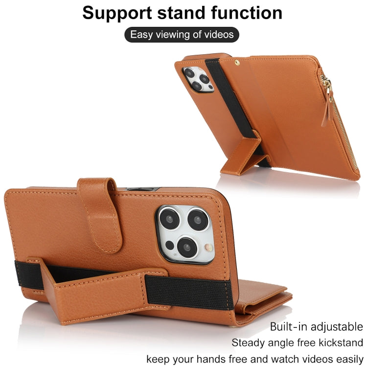 For iPhone 13 Pro Max Wristband Holder Zipper Purse RFID Leather Phone Case(Brown) - iPhone 13 Pro Max Cases by buy2fix | Online Shopping UK | buy2fix