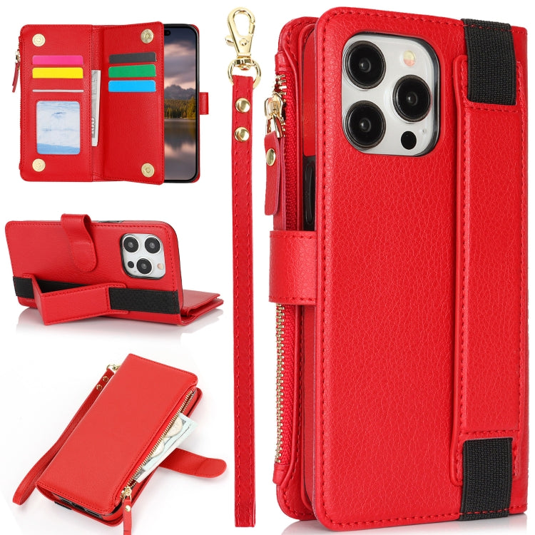 For iPhone 13 Pro Max Wristband Holder Zipper Purse RFID Leather Phone Case(Red) - iPhone 13 Pro Max Cases by buy2fix | Online Shopping UK | buy2fix