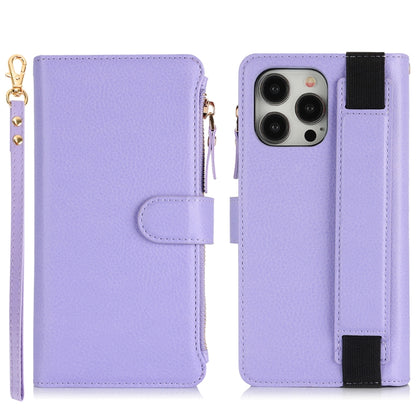 For iPhone 13 Pro Max Wristband Holder Zipper Purse RFID Leather Phone Case(Purple) - iPhone 13 Pro Max Cases by buy2fix | Online Shopping UK | buy2fix