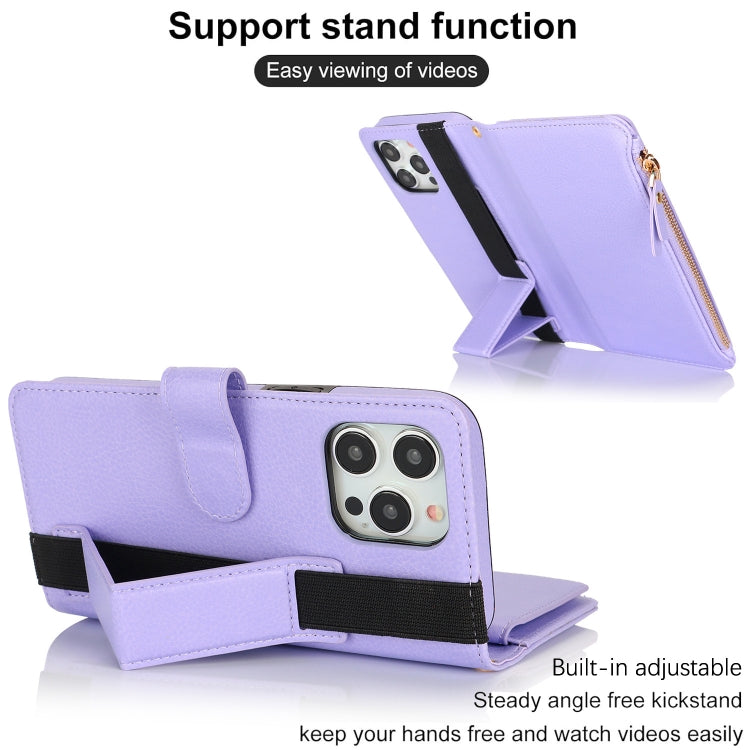 For iPhone 13 Pro Max Wristband Holder Zipper Purse RFID Leather Phone Case(Purple) - iPhone 13 Pro Max Cases by buy2fix | Online Shopping UK | buy2fix