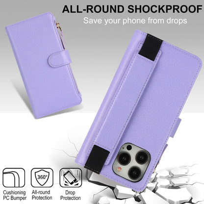 For iPhone 13 Pro Max Wristband Holder Zipper Purse RFID Leather Phone Case(Purple) - iPhone 13 Pro Max Cases by buy2fix | Online Shopping UK | buy2fix