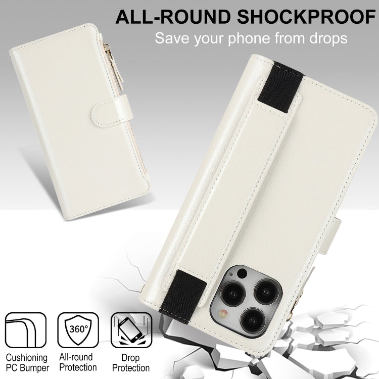 For iPhone 13 Pro Max Wristband Holder Zipper Purse RFID Leather Phone Case(White) - iPhone 13 Pro Max Cases by buy2fix | Online Shopping UK | buy2fix