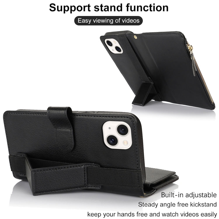 For iPhone 14 Plus Wristband Holder Zipper Purse RFID Leather Phone Case(Black) - iPhone 14 Plus Cases by buy2fix | Online Shopping UK | buy2fix