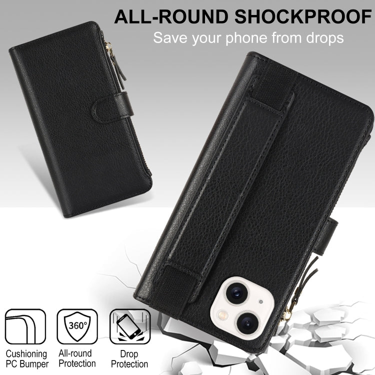 For iPhone 14 Plus Wristband Holder Zipper Purse RFID Leather Phone Case(Black) - iPhone 14 Plus Cases by buy2fix | Online Shopping UK | buy2fix