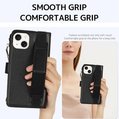 For iPhone 14 Plus Wristband Holder Zipper Purse RFID Leather Phone Case(Black) - iPhone 14 Plus Cases by buy2fix | Online Shopping UK | buy2fix