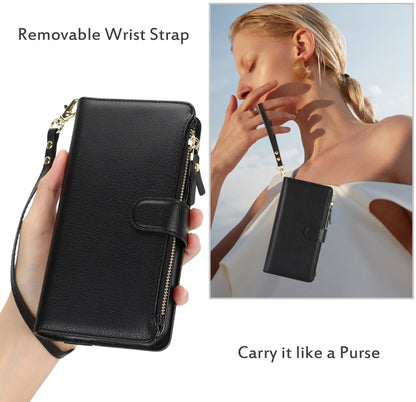 For iPhone 14 Plus Wristband Holder Zipper Purse RFID Leather Phone Case(Black) - iPhone 14 Plus Cases by buy2fix | Online Shopping UK | buy2fix