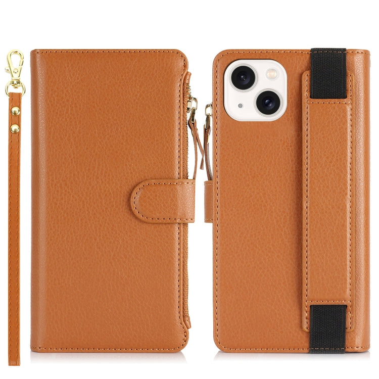 For iPhone 14 Plus Wristband Holder Zipper Purse RFID Leather Phone Case(Brown) - iPhone 14 Plus Cases by buy2fix | Online Shopping UK | buy2fix