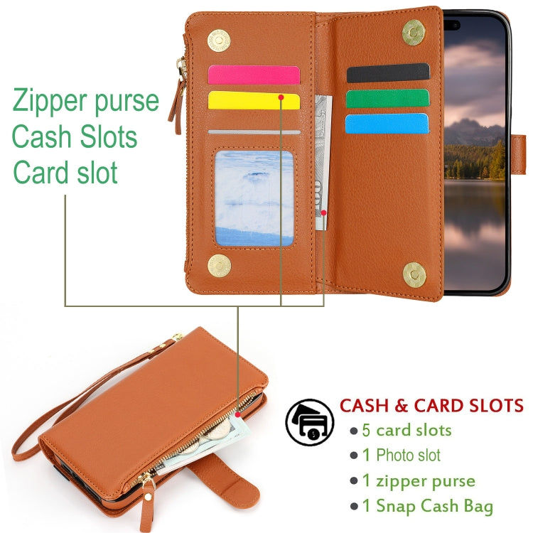 For iPhone 14 Plus Wristband Holder Zipper Purse RFID Leather Phone Case(Brown) - iPhone 14 Plus Cases by buy2fix | Online Shopping UK | buy2fix