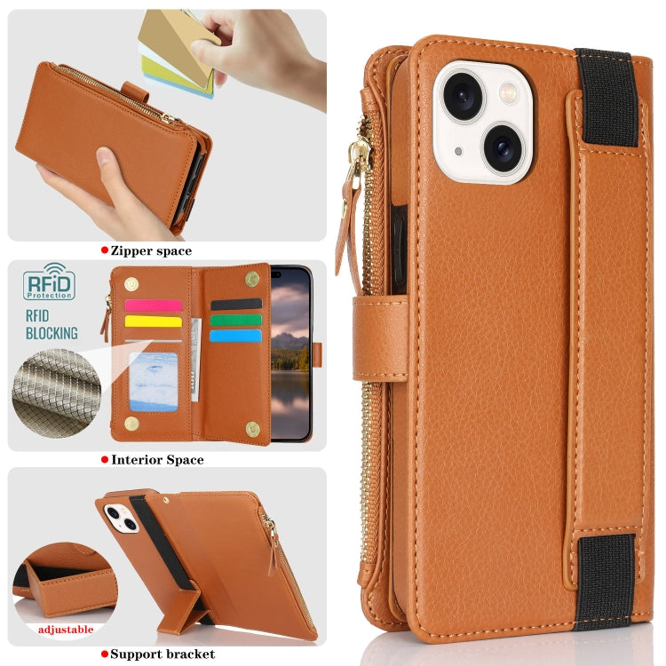 For iPhone 14 Plus Wristband Holder Zipper Purse RFID Leather Phone Case(Brown) - iPhone 14 Plus Cases by buy2fix | Online Shopping UK | buy2fix