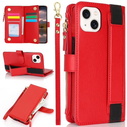 For iPhone 14 Plus Wristband Holder Zipper Purse RFID Leather Phone Case(Red) - iPhone 14 Plus Cases by buy2fix | Online Shopping UK | buy2fix