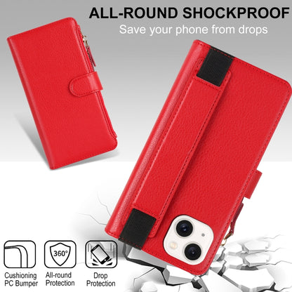 For iPhone 14 Plus Wristband Holder Zipper Purse RFID Leather Phone Case(Red) - iPhone 14 Plus Cases by buy2fix | Online Shopping UK | buy2fix