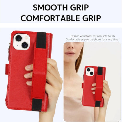 For iPhone 14 Plus Wristband Holder Zipper Purse RFID Leather Phone Case(Red) - iPhone 14 Plus Cases by buy2fix | Online Shopping UK | buy2fix