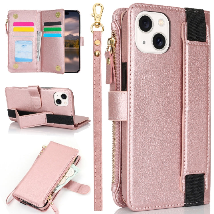 For iPhone 14 Plus Wristband Holder Zipper Purse RFID Leather Phone Case(Rose Gold) - iPhone 14 Plus Cases by buy2fix | Online Shopping UK | buy2fix