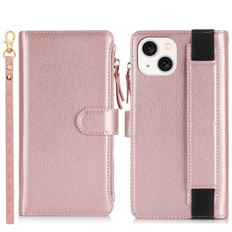 For iPhone 14 Plus Wristband Holder Zipper Purse RFID Leather Phone Case(Rose Gold) - iPhone 14 Plus Cases by buy2fix | Online Shopping UK | buy2fix