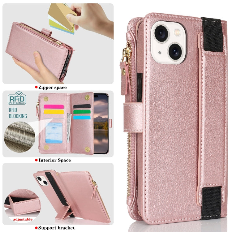For iPhone 14 Plus Wristband Holder Zipper Purse RFID Leather Phone Case(Rose Gold) - iPhone 14 Plus Cases by buy2fix | Online Shopping UK | buy2fix