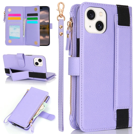 For iPhone 14 Plus Wristband Holder Zipper Purse RFID Leather Phone Case(Purple) - iPhone 14 Plus Cases by buy2fix | Online Shopping UK | buy2fix