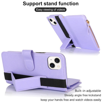 For iPhone 14 Plus Wristband Holder Zipper Purse RFID Leather Phone Case(Purple) - iPhone 14 Plus Cases by buy2fix | Online Shopping UK | buy2fix