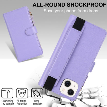 For iPhone 14 Plus Wristband Holder Zipper Purse RFID Leather Phone Case(Purple) - iPhone 14 Plus Cases by buy2fix | Online Shopping UK | buy2fix