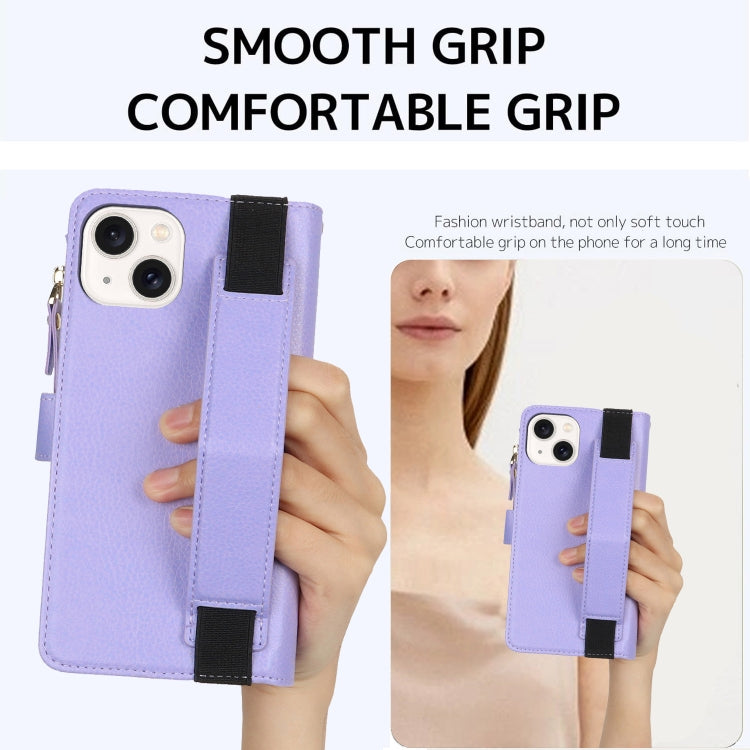 For iPhone 14 Plus Wristband Holder Zipper Purse RFID Leather Phone Case(Purple) - iPhone 14 Plus Cases by buy2fix | Online Shopping UK | buy2fix