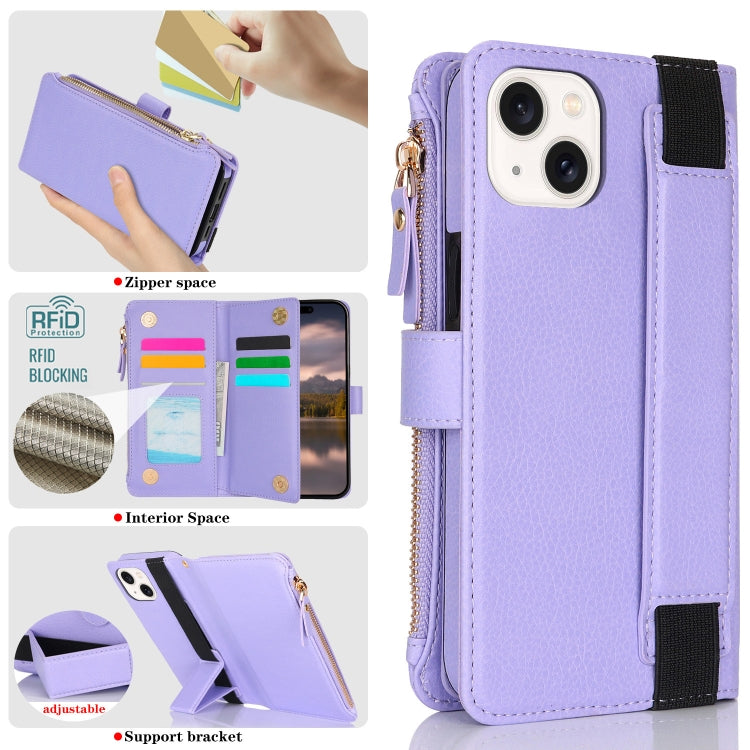 For iPhone 14 Plus Wristband Holder Zipper Purse RFID Leather Phone Case(Purple) - iPhone 14 Plus Cases by buy2fix | Online Shopping UK | buy2fix