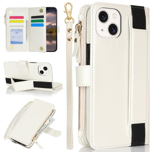 For iPhone 14 Plus Wristband Holder Zipper Purse RFID Leather Phone Case(White) - iPhone 14 Plus Cases by buy2fix | Online Shopping UK | buy2fix