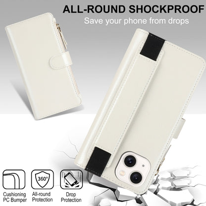 For iPhone 14 Plus Wristband Holder Zipper Purse RFID Leather Phone Case(White) - iPhone 14 Plus Cases by buy2fix | Online Shopping UK | buy2fix