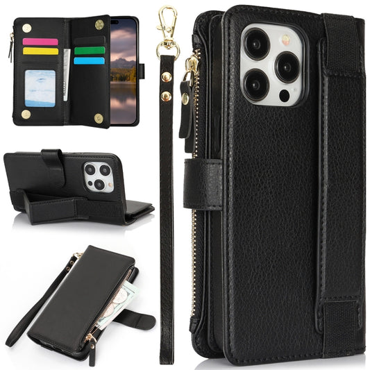 For iPhone 14 Pro Wristband Holder Zipper Purse RFID Leather Phone Case(Black) - iPhone 14 Pro Cases by buy2fix | Online Shopping UK | buy2fix