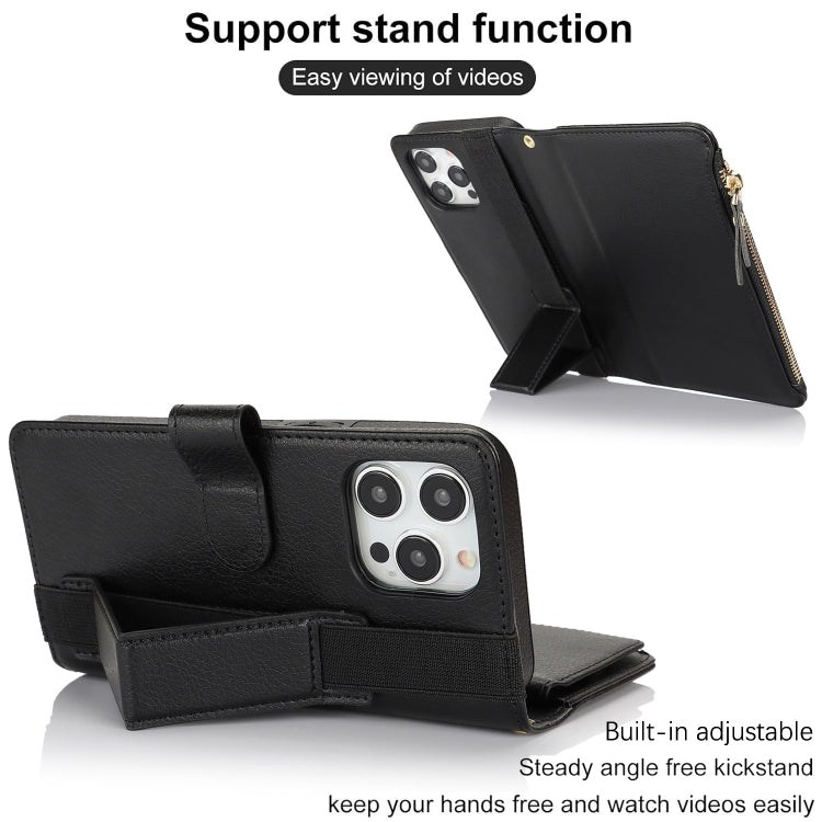 For iPhone 14 Pro Wristband Holder Zipper Purse RFID Leather Phone Case(Black) - iPhone 14 Pro Cases by buy2fix | Online Shopping UK | buy2fix
