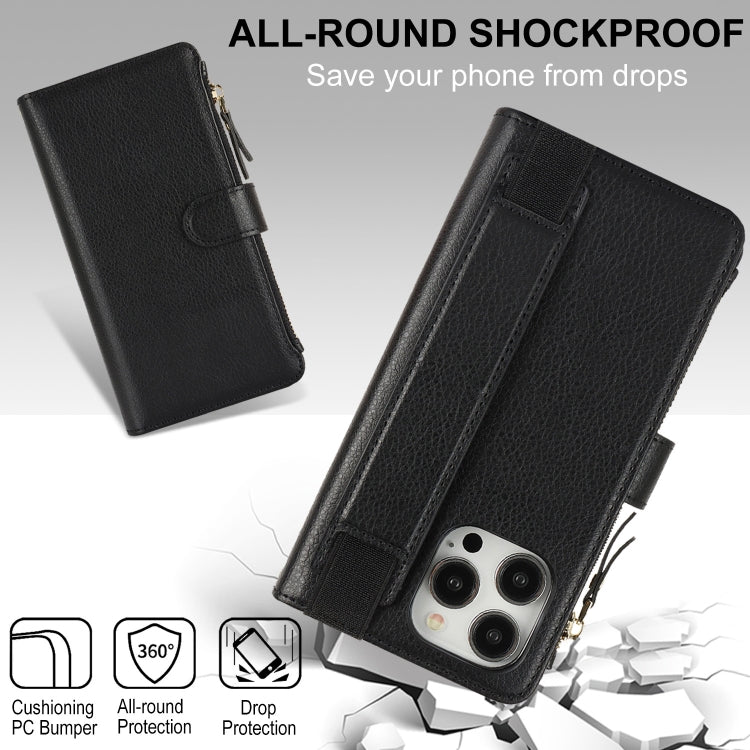 For iPhone 14 Pro Wristband Holder Zipper Purse RFID Leather Phone Case(Black) - iPhone 14 Pro Cases by buy2fix | Online Shopping UK | buy2fix