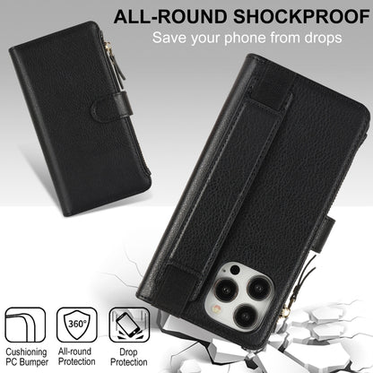 For iPhone 14 Pro Wristband Holder Zipper Purse RFID Leather Phone Case(Black) - iPhone 14 Pro Cases by buy2fix | Online Shopping UK | buy2fix