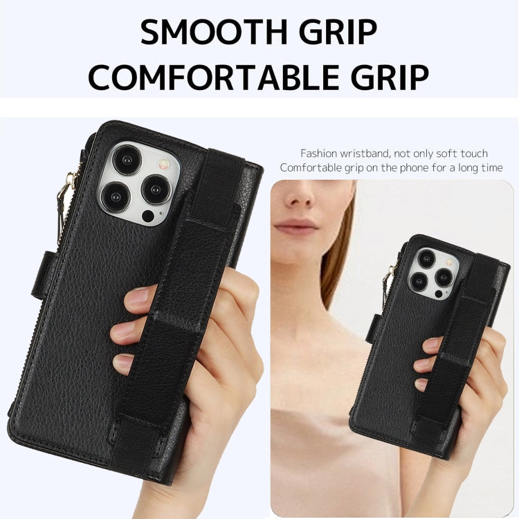For iPhone 14 Pro Wristband Holder Zipper Purse RFID Leather Phone Case(Black) - iPhone 14 Pro Cases by buy2fix | Online Shopping UK | buy2fix