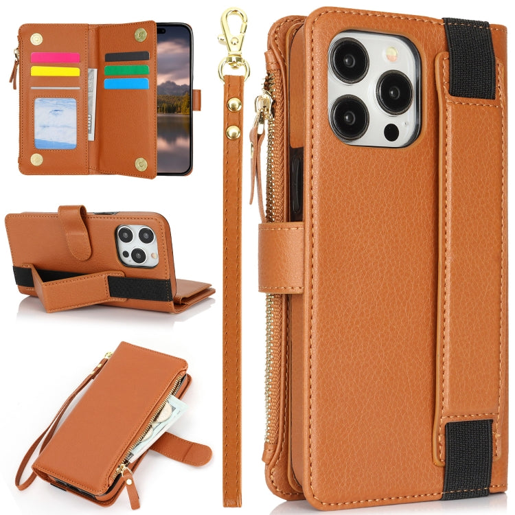 For iPhone 14 Pro Wristband Holder Zipper Purse RFID Leather Phone Case(Brown) - iPhone 14 Pro Cases by buy2fix | Online Shopping UK | buy2fix