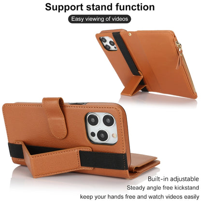 For iPhone 14 Pro Wristband Holder Zipper Purse RFID Leather Phone Case(Brown) - iPhone 14 Pro Cases by buy2fix | Online Shopping UK | buy2fix