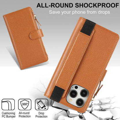 For iPhone 14 Pro Wristband Holder Zipper Purse RFID Leather Phone Case(Brown) - iPhone 14 Pro Cases by buy2fix | Online Shopping UK | buy2fix