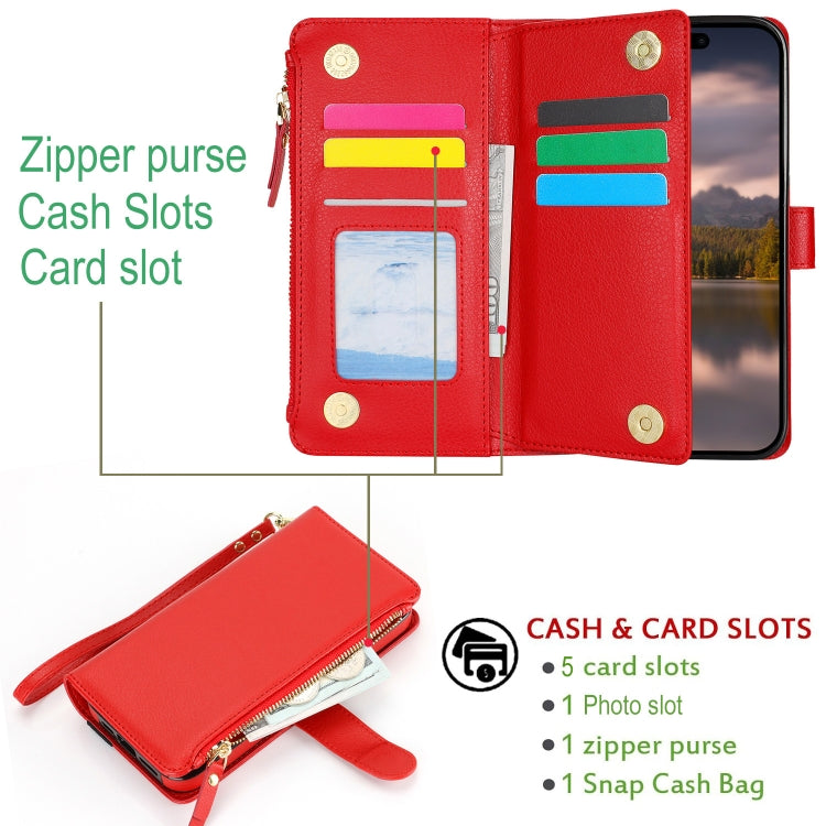 For iPhone 14 Pro Wristband Holder Zipper Purse RFID Leather Phone Case(Red) - iPhone 14 Pro Cases by buy2fix | Online Shopping UK | buy2fix