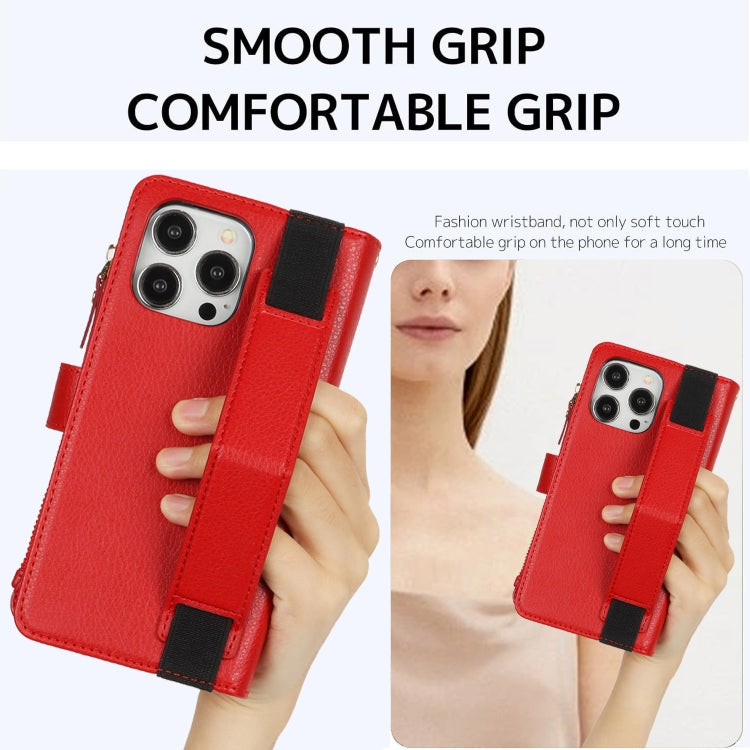 For iPhone 14 Pro Wristband Holder Zipper Purse RFID Leather Phone Case(Red) - iPhone 14 Pro Cases by buy2fix | Online Shopping UK | buy2fix