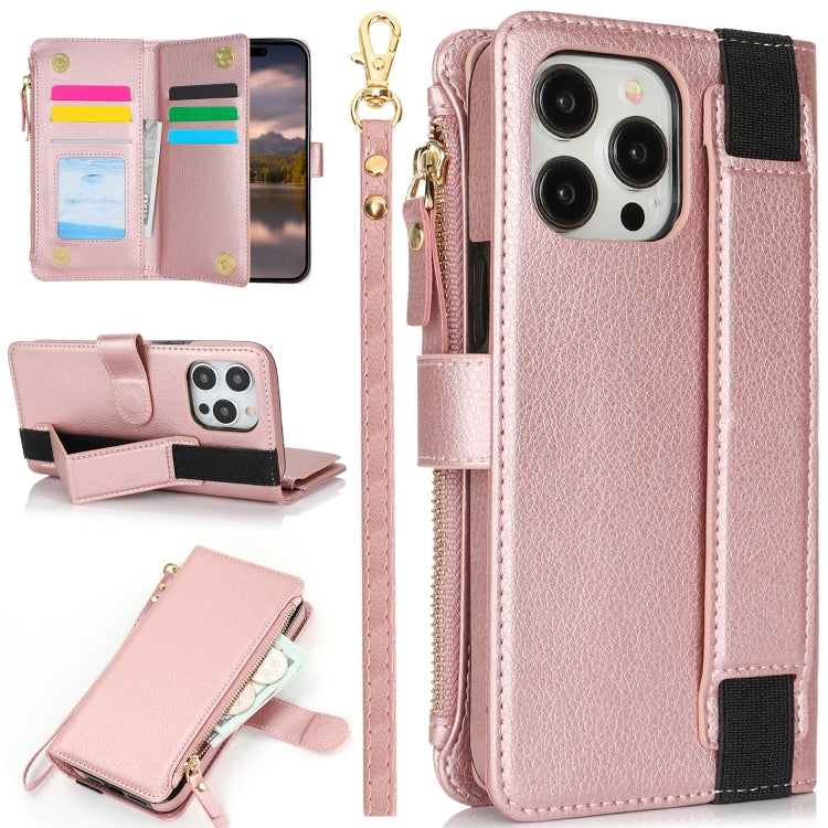 For iPhone 14 Pro Wristband Holder Zipper Purse RFID Leather Phone Case(Rose Gold) - iPhone 14 Pro Cases by buy2fix | Online Shopping UK | buy2fix