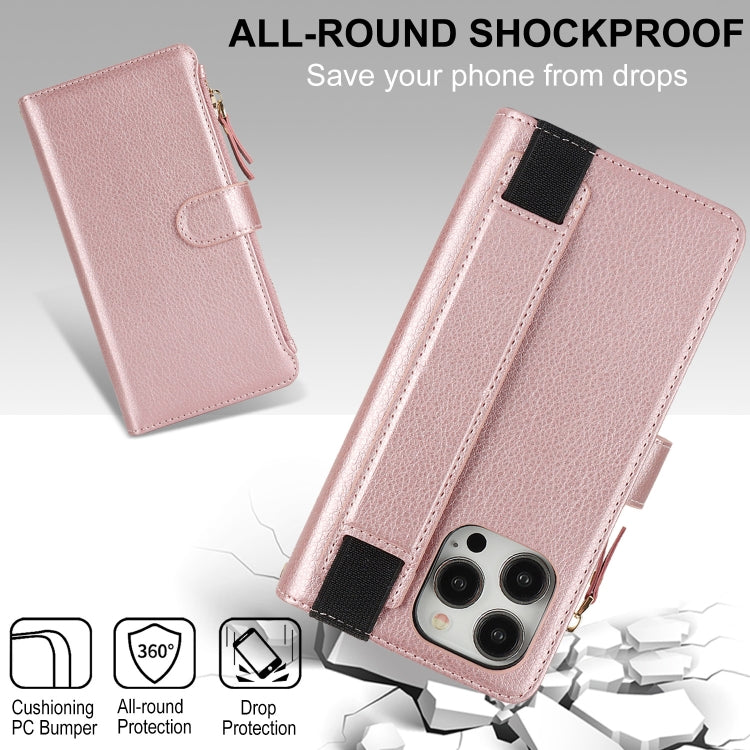 For iPhone 14 Pro Wristband Holder Zipper Purse RFID Leather Phone Case(Rose Gold) - iPhone 14 Pro Cases by buy2fix | Online Shopping UK | buy2fix