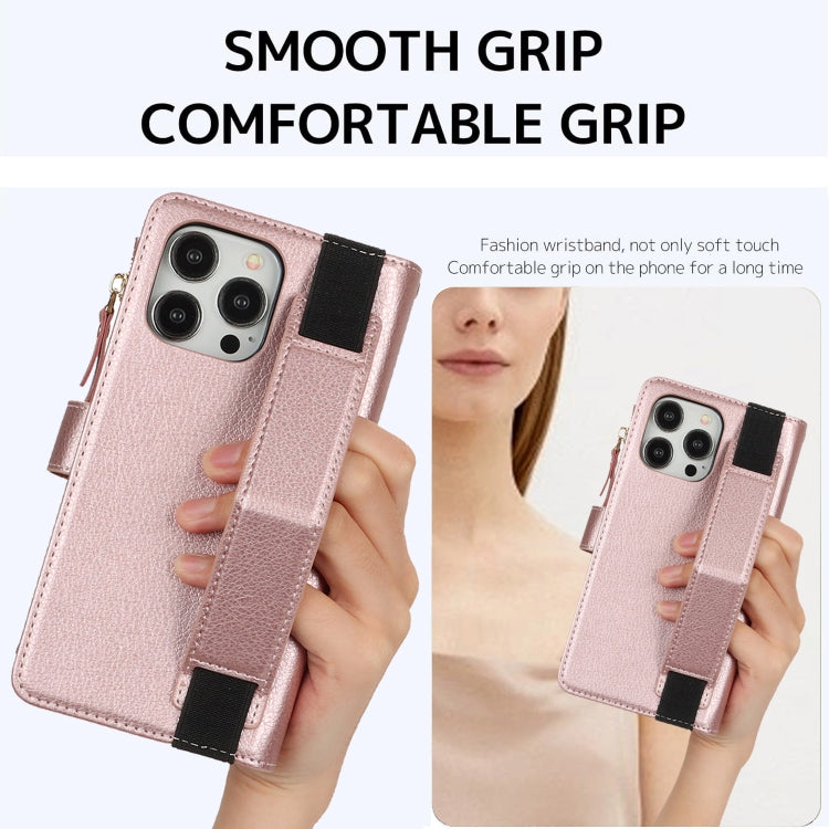 For iPhone 14 Pro Wristband Holder Zipper Purse RFID Leather Phone Case(Rose Gold) - iPhone 14 Pro Cases by buy2fix | Online Shopping UK | buy2fix