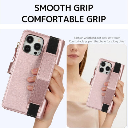 For iPhone 14 Pro Wristband Holder Zipper Purse RFID Leather Phone Case(Rose Gold) - iPhone 14 Pro Cases by buy2fix | Online Shopping UK | buy2fix