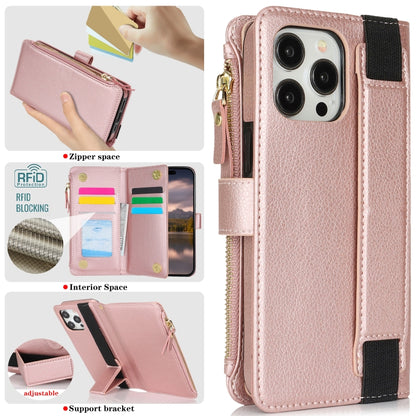For iPhone 14 Pro Wristband Holder Zipper Purse RFID Leather Phone Case(Rose Gold) - iPhone 14 Pro Cases by buy2fix | Online Shopping UK | buy2fix