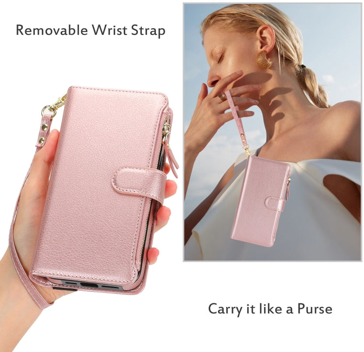 For iPhone 14 Pro Wristband Holder Zipper Purse RFID Leather Phone Case(Rose Gold) - iPhone 14 Pro Cases by buy2fix | Online Shopping UK | buy2fix
