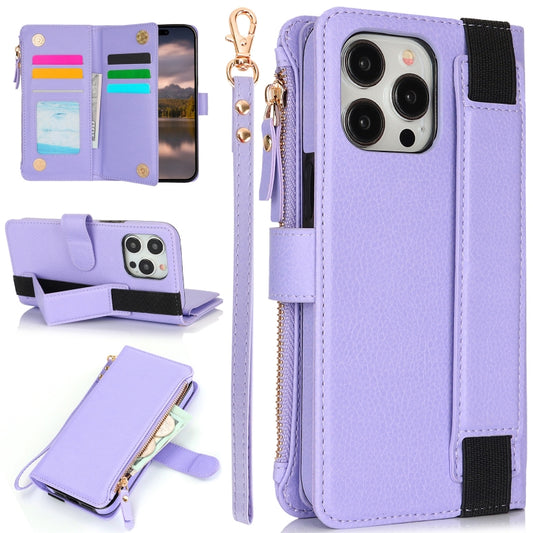 For iPhone 14 Pro Wristband Holder Zipper Purse RFID Leather Phone Case(Purple) - iPhone 14 Pro Cases by buy2fix | Online Shopping UK | buy2fix